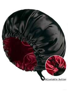 1个双面缎面睡眠帽，带可调节纽扣，双面丝滑发帽，适合卷发，夜间护发头巾 - 黑色 - 查看 1