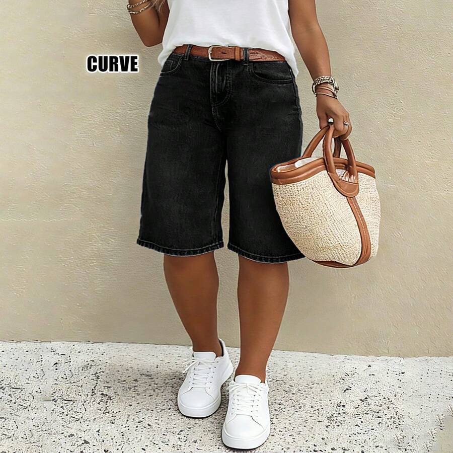 Mid-Rise Non-Stretch Retro Nostalgic Casual Women's Plus Size Denim Bermuda Shorts - Black - View 1