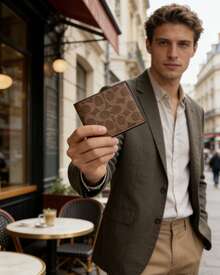 Coach Wallet 11 Leather Compact Billfold Wallet For Women/Men RFID Blocking Credit Card Wallet Business Card Holder Wallet With ID Window And 2 Outside Credit Card Slots - Brown - View 3