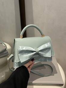Solid Color Pleated Edge Handbag, Flap Crossbody Bag With Bow Decor For Women - Green - View 8