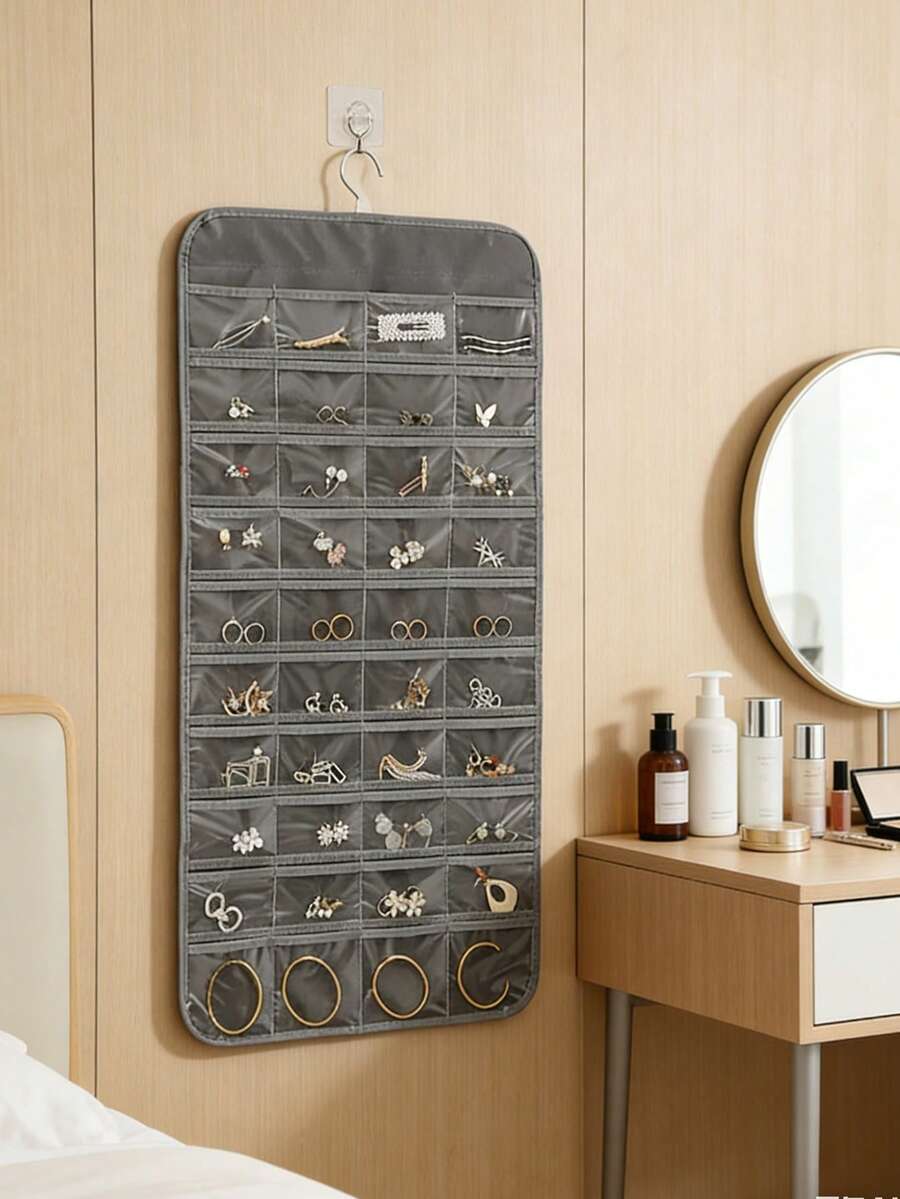 1 pieza Bolsa colgante de almacenamiento de joyas de doble cara con 80 bolsillos, organizador de joyas para armario - Multicolor - Ver 1