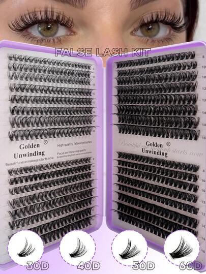 640 piezas Kit de extensión de pestañas DIY, pestañas individuales en racimos de 30D/40D/50D/60D mezclados con removedor de pegamento y sellador 2 en 1, pinzas, pestañas postizas esponjosas de 8-16 mm para uso en casa y salón
