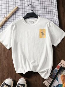 女士新款夏季字母条纹图案印花圆领白色休闲T恤，宽松短袖，休闲T恤，度假T恤，日常休闲，通勤，度假风 - 白色 - 查看 2