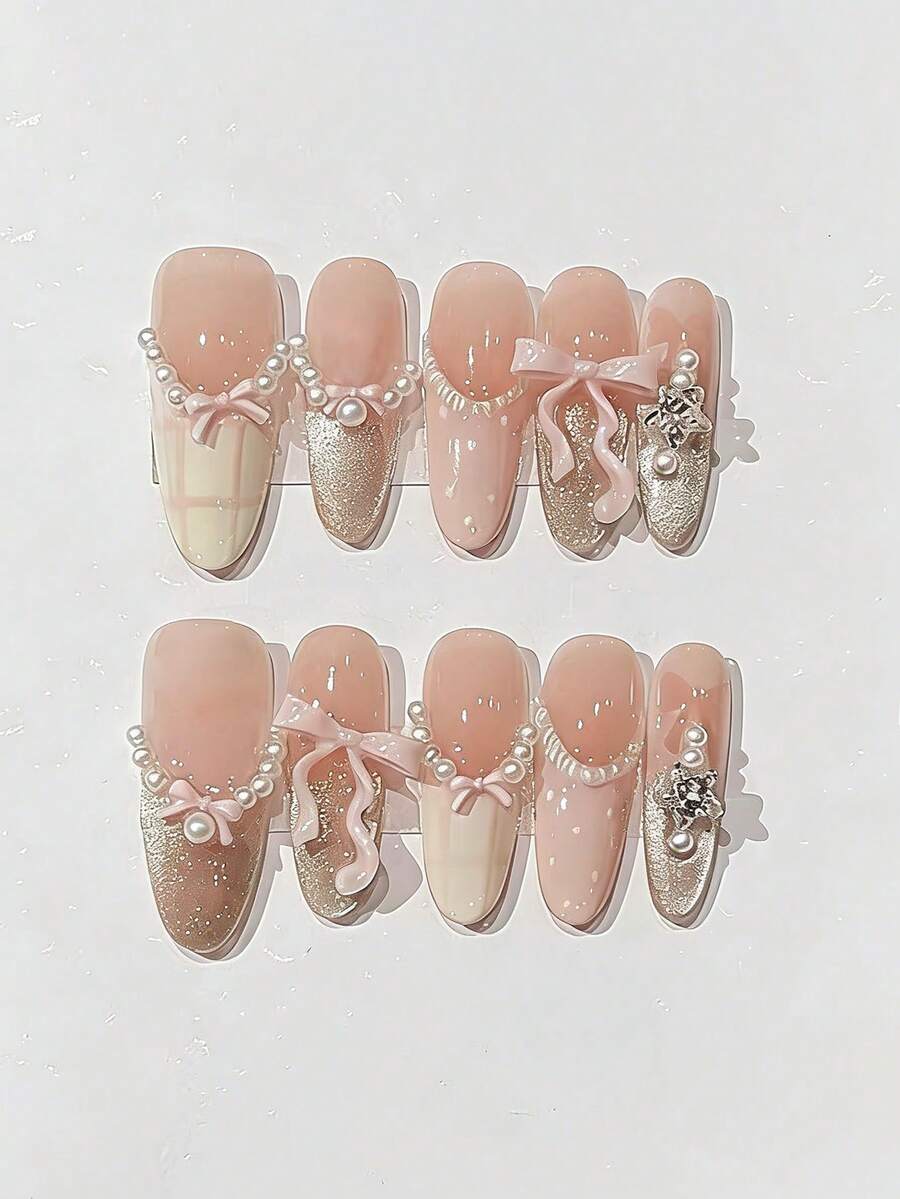 10 móng tay giả thủ công nguyên chất, móng dài, móng hình hạnh nhân, móng màu hồng, kiểu dáng nữ tính nhẹ nhàng, móng ba lê, móng Pháp màu hồng lấp lánh, nơ 3D, ngọc trai, sao, kim cương, chấm bi và kẻ caro được vẽ tay, dễ thương và tinh tế, móng giả nữ tính dành cho phụ nữ và bé gái, thích hợp cho mùa xuân, hè, thu, đông, lễ hội, tiệc tùng và sử dụng hàng ngày. - Hồng - Xem 1