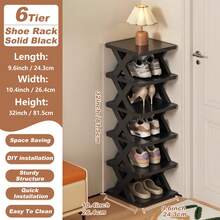 9/6 Tier Vertical Shoe Stand Space Saving Narrow Shoe Rack, Small Shoe Shelf, DIY Free Standing Shoes Storage Organizer For Entryway, Closet, Hallway, Easy Assembly And Stable In Structure, Black & White, Plastic Material, Consumables - Black - View 11