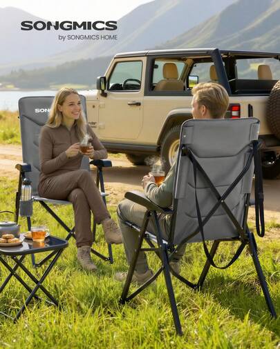 Camping Chair For Adults, 95°-150° Reclining, Padded Folding Garden Chair, Adjustable High Back, Swivel Cup Holder, Portable Carry Strap Bag, Garden Dining Fishing