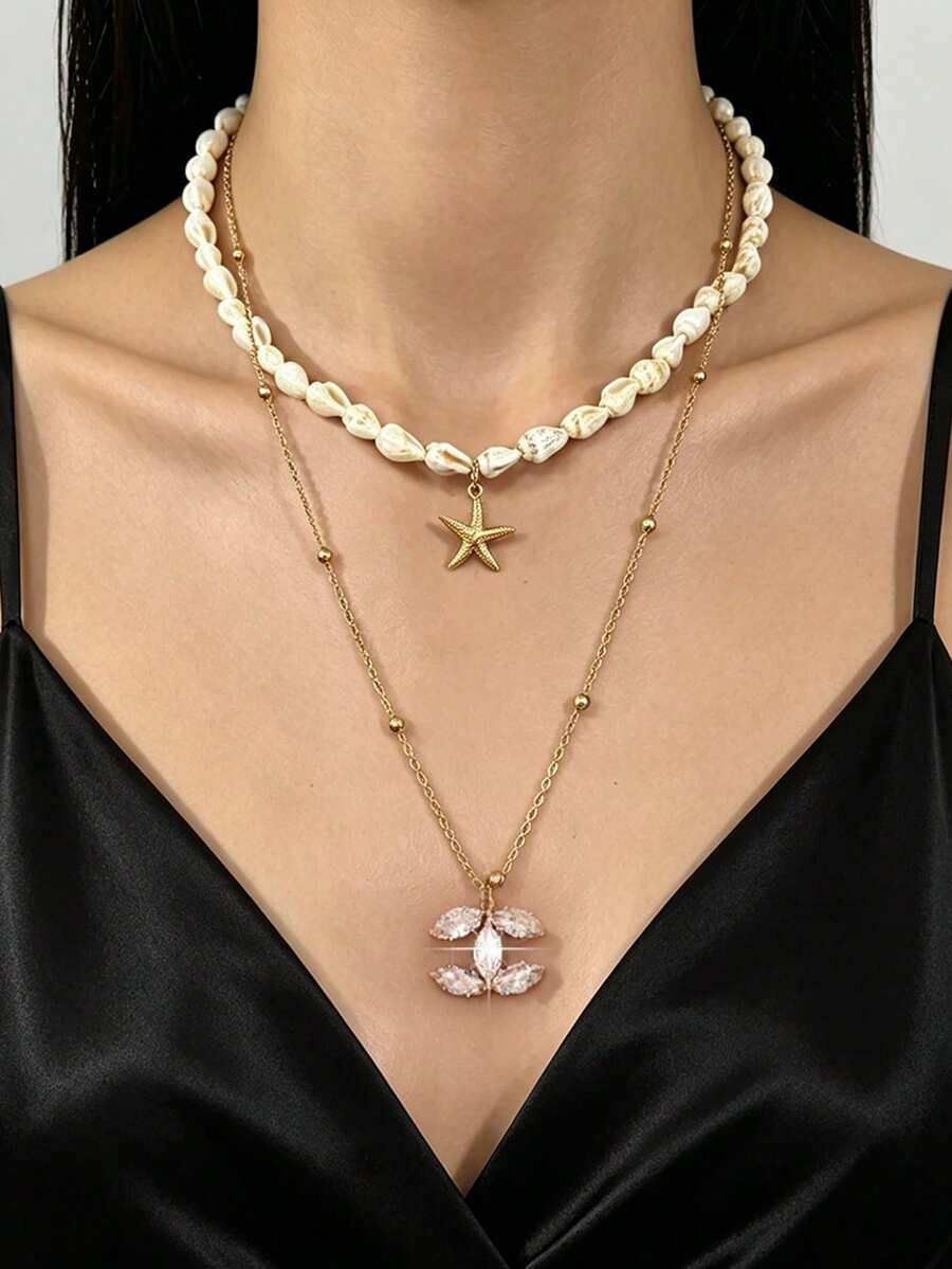 Bộ 2 chiếc vòng cổ hạt vỏ sò phong cách bãi biển mùa hè với mặt dây chuyền CC đính đá Cubic Zirconia lấp lánh, trang sức vòng cổ pha lê kiểu dáng sang trọng, phù hợp cho phụ nữ đeo hàng ngày và dự tiệc. - Bộ dây chuyền hai lớp chủ đề đại dương - Xem 1