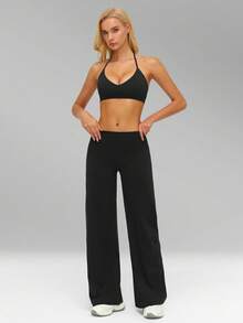 MFVIM 女士春夏运动文胸裤套装，女士休闲运动外套健身两件套，露背吊带紧身运动文胸+宽松阔腿休闲裤，修身透气舒适，适合日常休闲户外慢跑、骑行、瑜伽、普拉提、健身房锻炼等运动，必备运动服 - 黑色 - 查看 6