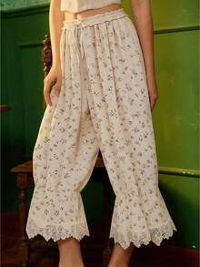 Women Lace Trim Long Bloomers Small Floral Print Elastic Mid Rise Ruffle Pantaloons Cropped Flared Slips Pants - Beige - View 1