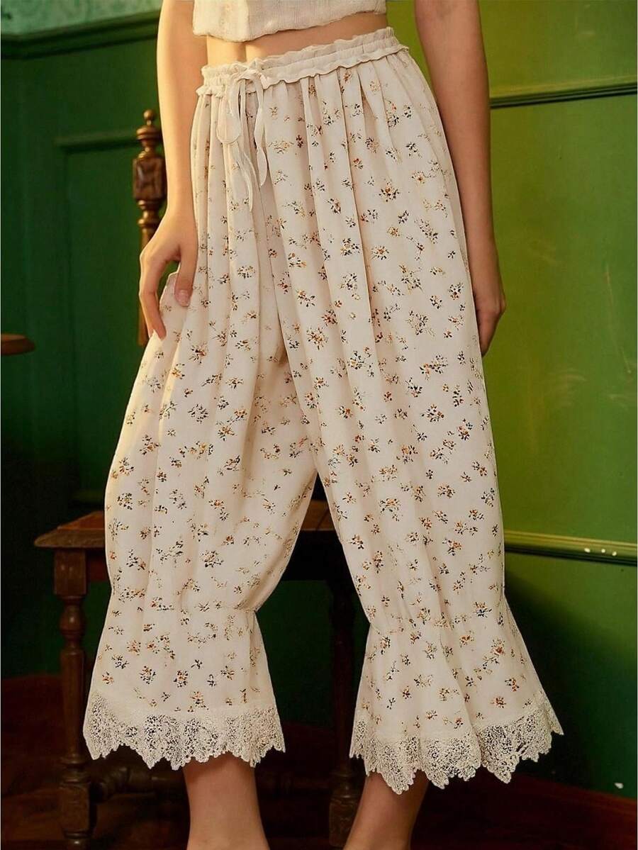 Women Lace Trim Long Bloomers Small Floral Print Elastic Mid Rise Ruffle Pantaloons Cropped Flared Slips Pants - Beige - View 1