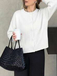 Knit Mix 優雅法式風格寬鬆針織開襟衫，女款，休閒純色外套，適合秋冬白色秋季 - 白色 - 查看 7