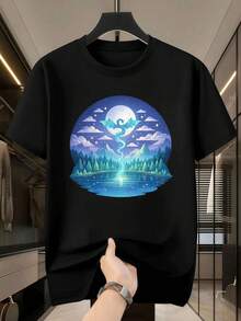 Camiseta con gráfico de dragón y luna fantasy. Tela de calidad, cuello redondo, ajuste cómodo, impresión artística. - Negro - Ver 2