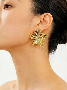 18pcs Exaggerated Eternal Flower, Large C-Shaped, 5-Petal Flower, Butterfly Series Earring Set, Suitable For Daily And Festival Wear, ABS Resin Material With UV Plated Non-Fading Gold - 金子 - 查看 2