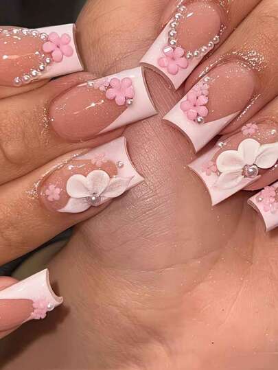 24 Medium-Length Square Press-On Nails With Classic White French Tips, Featuring 3D Floral Designs, Pink Five-Petal Flowers, And White Pearl Acrylic. Adorable Girly False Nails