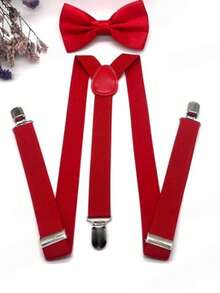 1 Set Men's Red Casual Bow Tie & Suspender Set, Suspender Clips - Red - View 5