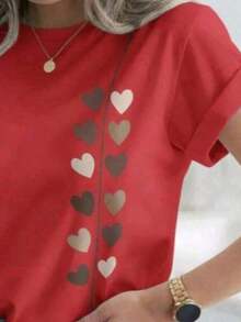 Camisa feminina delicada estampada coração 100% algodão Camiseta moda verão - Vermelho - Visão 1