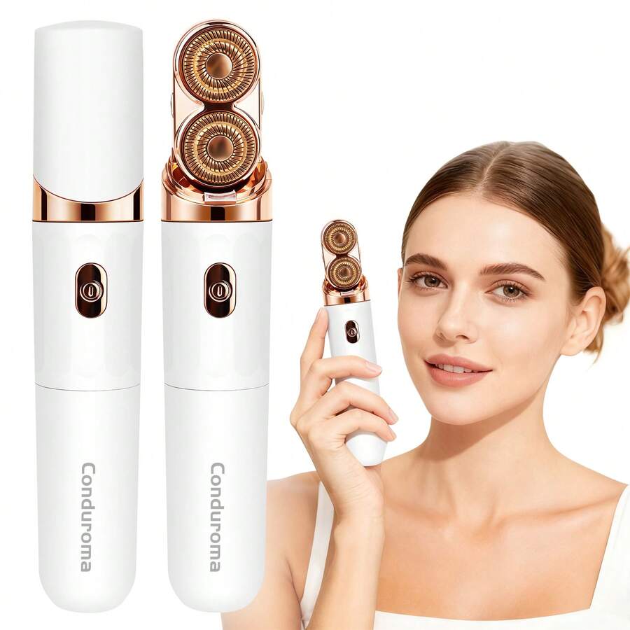 Afeitadora portátil de doble cabezal para mujeres Conduroma - Removedor de vello facial recargable por USB con luz LED y cuchillas de repuesto, apta para rostro, labios, mentón, vello suave, línea del bikini y uso en todo el Body