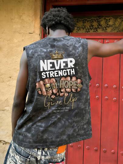 Fractyr Camiseta de tirantes de verano casual y suelta con estampado retro "NEVER STRENGTH" para hombre
