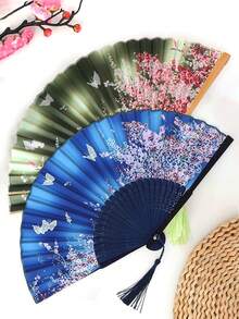1PC Women Bamboo Folding Hand Fan, Butterfly Floral Handmade Fan With Tassel, Portable Chinese Dance Fan, Photo Prop, Wedding Party Gift Birthday Gift - Multicolor - View 4
