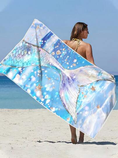 Khăn tắm biển sợi nhỏ 250gsm [Mềm mại & Nhanh khô] | Kích thước 70*140cm/90*180cm (tùy chọn) | Viền vàng, họa tiết đuôi nàng tiên cá màu xanh dương và tím | Khăn tắm biển di động thấm hút cao, trang trí phòng tắm, khăn tắm biển | Thích hợp cho bãi biển mùa hè, bơi lội, du lịch, cắm trại, tập thể dục