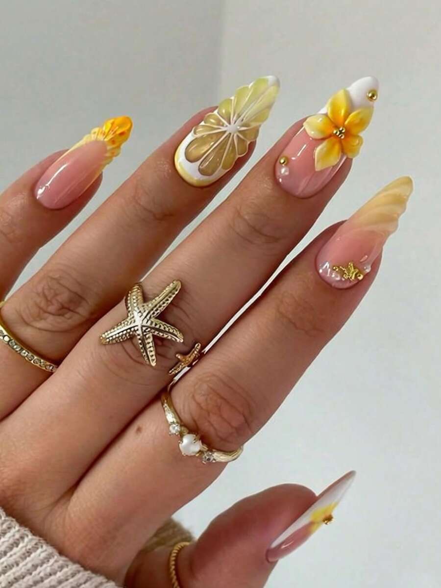 Bộ quà tặng móng giả acrylic hình chữ nhật 24 chiếc, họa tiết mùa hè 3D bong bóng chanh, màu vàng tươi và trắng sữa chuyển sắc, hoa 3D, hạt thép nhỏ, chấm bi cam, ngọc trai trắng, kiểu Pháp, phụ kiện cần thiết cho mùa hè đi biển. Bao gồm 1 miếng dán keo và 1 bộ dũa móng. - Nhiều màu - Xem 1