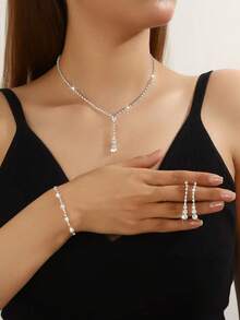 Bộ trang sức 3 món thanh lịch tối giản đính đá lấp lánh, bao gồm dây chuyền, bông tai và vòng tay, thích hợp cho tiệc tùng, đám cưới, ngày lễ. - trắng - Xem 1