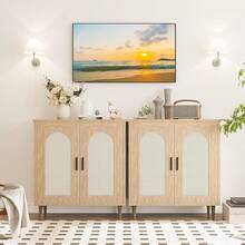 Gabinete de lata de ratán de 2 niveles con piernas de madera resistentes, mesa de consola moderna para la entrada, pasillo, comedor, sala de estar, muebles de acento - Natural - Ver 7