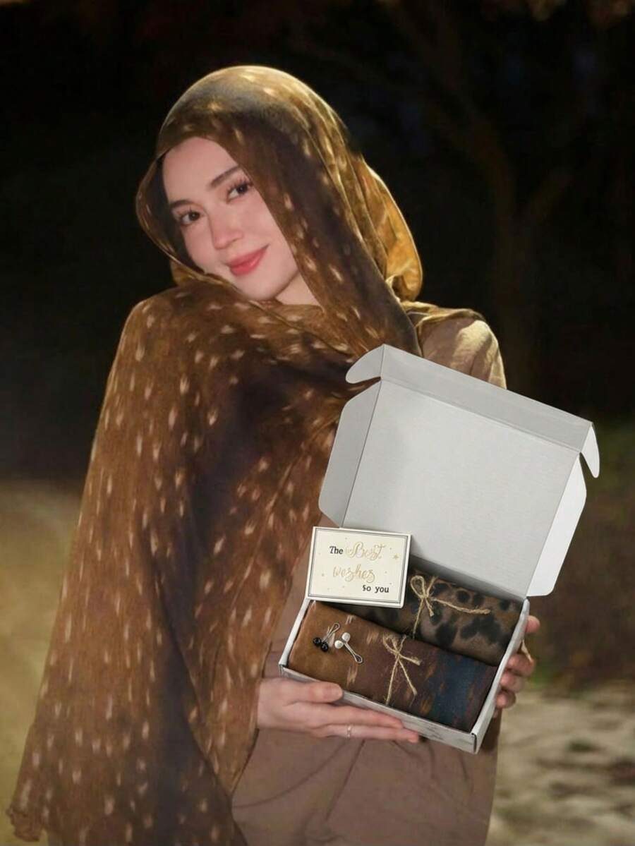 2件套女士新款豹纹鹿纹印花头巾，高品质数码印花宽边动物图案头巾，多功能防晒防风旅行头巾，柔软透气，百搭组合，适合各种场合和服装，四季皆宜。 - 彩色 - 查看 1