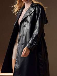 Risissida Women's Spring & Autumn PU Long Jacket, Fashionable Lightweight Windbreaker With Adjustable Waistband - Versatile Commuter Coat Black - Black - View 8