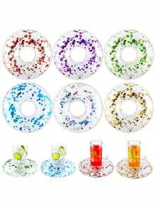 1/3pcs Transparent Sequin Inflatable Drink Cup Holder/Pool Floating Cup Mat/Round Floating Cup Mat/Floating Stand/Pool Party Supplies/Inflatable Pool Accessories - A - View 3