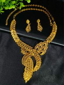 1 Set Fashion Women's Wheat Ear Necklace & Earrings Jewelry Set, 2pcs, European & American, Middle Eastern, Dubai, African Bridal Wedding Dress Accessories, Women's Holiday Gift, Black Jewelry - Yellow Gold - View 2