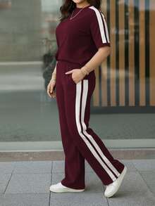 Women's Spring/Summer Outfit, Round Neck Contrast Stripe Short Sleeve T-Shirt Paired With Elastic Waist Loose Pants, Casual 2 Pieces Set Elegant - Burgundy - View 4