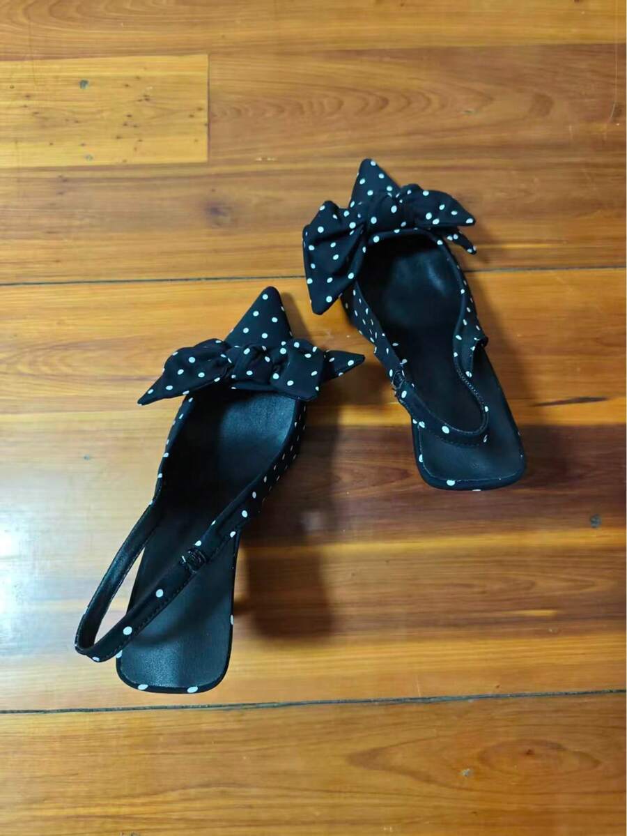 Spring/Summer Fashion Black Polka Dot Pointed Toe High Heel Bowknot Strap Elegant Mule Sandals, Suitable For Party, Valentine's Day And Date - Black Polka Dots - View 1