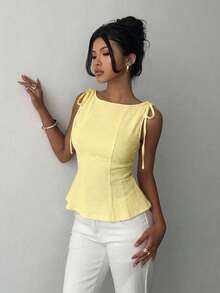 1pc Solid Color Knit Fabric Ruffle Trim Casual Top, Summer - Light Yellow - View 3