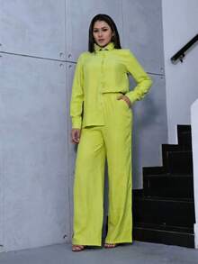 Conjunto de duas peças casual feminino de verão 2025, cardigan de cor sólida com bolso, calça larga casual, roupa diária - Verde Limão - Visão 1