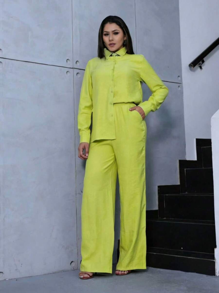 Conjunto de duas peças casual feminino de verão 2025, cardigan de cor sólida com bolso, calça larga casual, roupa diária - Verde Limão - Visão 1