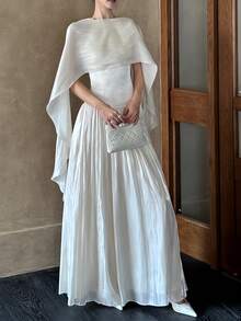 优雅女士缎面吊带褶皱连衣裙，适合毕业典礼、晚宴、奢华伴娘礼服、飘逸婚礼宾客装、假日旅行春季派对穿着 - 杏色 - 查看 3