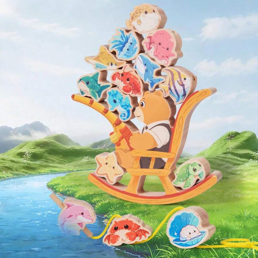 Tier-Balancier-Bausteine Stapelspielzeug, Kinder Bären Wippe, Ozean Tier Eltern-Kind interaktives Holz Lernspielzeug für Jungen und Mädchen