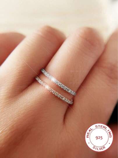 1 pezzo Anello in argento sterling 925 stile minimalista INS, in oro bianco e oro champagne, stile europeo e americano, anello a mezzaluna con micro-intarsi di diamanti, regalo per amante, amico, anniversario, appuntamento, festa, fidanzamento, matrimonio, uso quotidiano, regalo di Ognissanti/Natale, gioielleria di qualità per donna