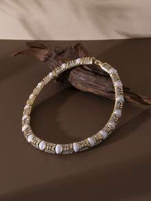 1 pieza Gargantilla 1 pieza de pendientes de botón Estilo de corte francés vintage Textura de relieve pesado Gemas de vidrio antiguo incrustadas Collar & Juego de pendientes, Esencial para banquetes elegantes, Regalo para amigos - Bronce antiguo - Ver 8
