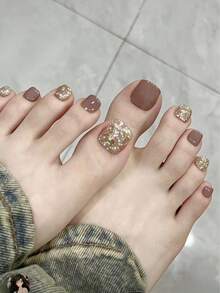 24pcs Short Square Toenail Art, Atmospheric Camel Glitter Mix And Match Camel Solid Color Nail Tips, With 1 Nail File And 1 Jelly Gel - Multicolor - View 1