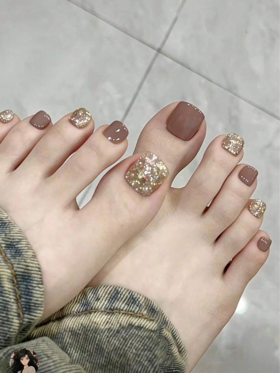 24pcs Short Square Toenail Art, Atmospheric Camel Glitter Mix And Match Camel Solid Color Nail Tips, With 1 Nail File And 1 Jelly Gel - Multicolor - View 1