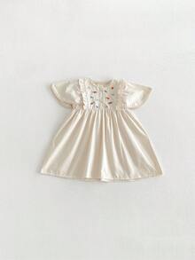 1件女婴休闲时尚花卉刺绣短袖连衣裙，夏季 - 杏色 - 查看 6