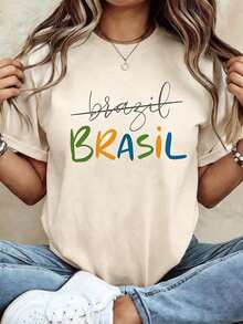 White Brasil Colorful Letter Print T-Shirt, Women Crew Neck Short Sleeve Casual Tee, Brazil National Flag Color Graphic Summer Vacation Loose Fit Top - 杏色 - 查看 10