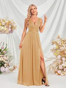 V领无袖网纱A字连衣裙，优雅金色派对礼服，正式舞会礼服，婚礼宾客礼服，毕业典礼礼服，春季宴会礼服 - 金色 - 查看 9