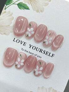 10pcs Short Oval Pink Cat Eye Flower Pattern Handmade Press-On Nails: Pink Cat Eye Fake Nails - Cute, Gentle Pink Translucent, Clean, Bright, Shiny Manicure With Hand-Painted Flowers, Beautiful, Long Press-On Nails Suitable For Women And Girls For Daily Wear, Fashion Women Fake Nail Stickers, Full Coverage Press-On Nails Nail Supplies Handmade Press On Nails - 粉色 - 查看 2