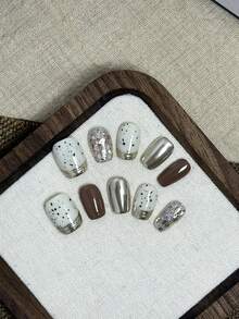 10pcs Handmade Press On Nails Short Nails Oval Nails Tips White Polka Dots Elegant Hand-Painted With 3pcs Nail Art Tools Nail Glue Nail Supplies Fake Nails For Women And Girls To Party Travel Daily School 3D Rhinestone Flash Powder Press On Nails Nail Supplies Nails Press On Nail Charms Press On Nails Short Fake Nails Nail Accessoriesnail Art - Multicolor - View 2