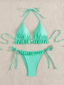 Swim Mod Women's Swimsuit, Two-Piece Bikini Set With Halter Neck, Ruffles And Bow In Solid Color For Summer - 藍色2 - 查看 4