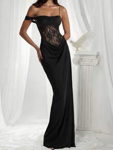 Women's Black Lace Evening Gown, Asymmetrical Strap Fitted Floor-Length Dress, Formal Evening Dress (JH26211) Elegant Summer - Black - View 9