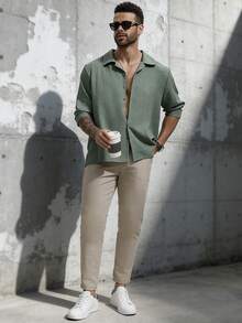 男士绿色纹理图案衬衫，西装领，长袖，单排扣开衫，时尚休闲大码衬衫，透气舒适，适合海滩、度假、工作、日常穿着、派对、婚礼等场合，是送给男友、丈夫、父亲的理想礼物，尤其适合父亲节。 - 綠色 - 查看 6